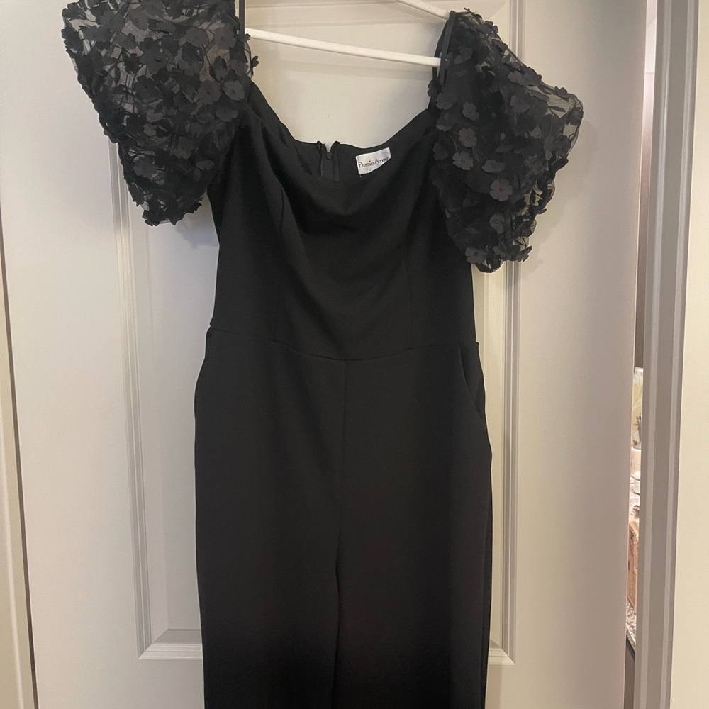 Premier Black Jumpsuit with Floral Accents Puffed Sleeves